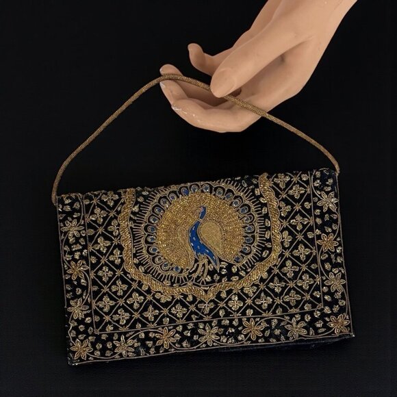 None Handbags - Vintage Black Velvet Peacock Gold Embroidered Beaded Floral Evening Bag Clutch